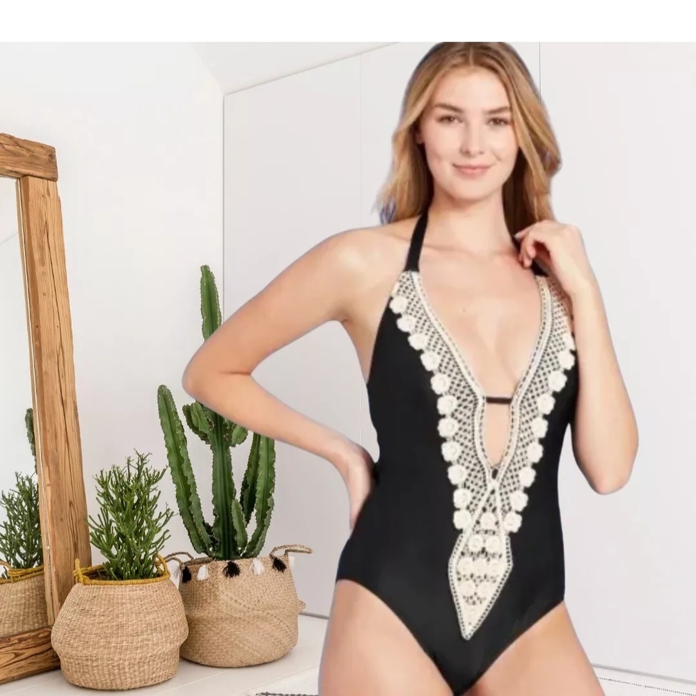 Kona Sol Women's S  Crochet Trim Plunge One Piece Swim Suit Black